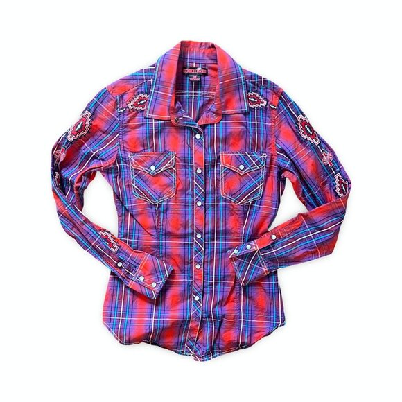 Rock & Roll Cowgirl Shirt Women's Medium Red Purple Embroidered Pearl Snap NWOT - Picture 1 of 7